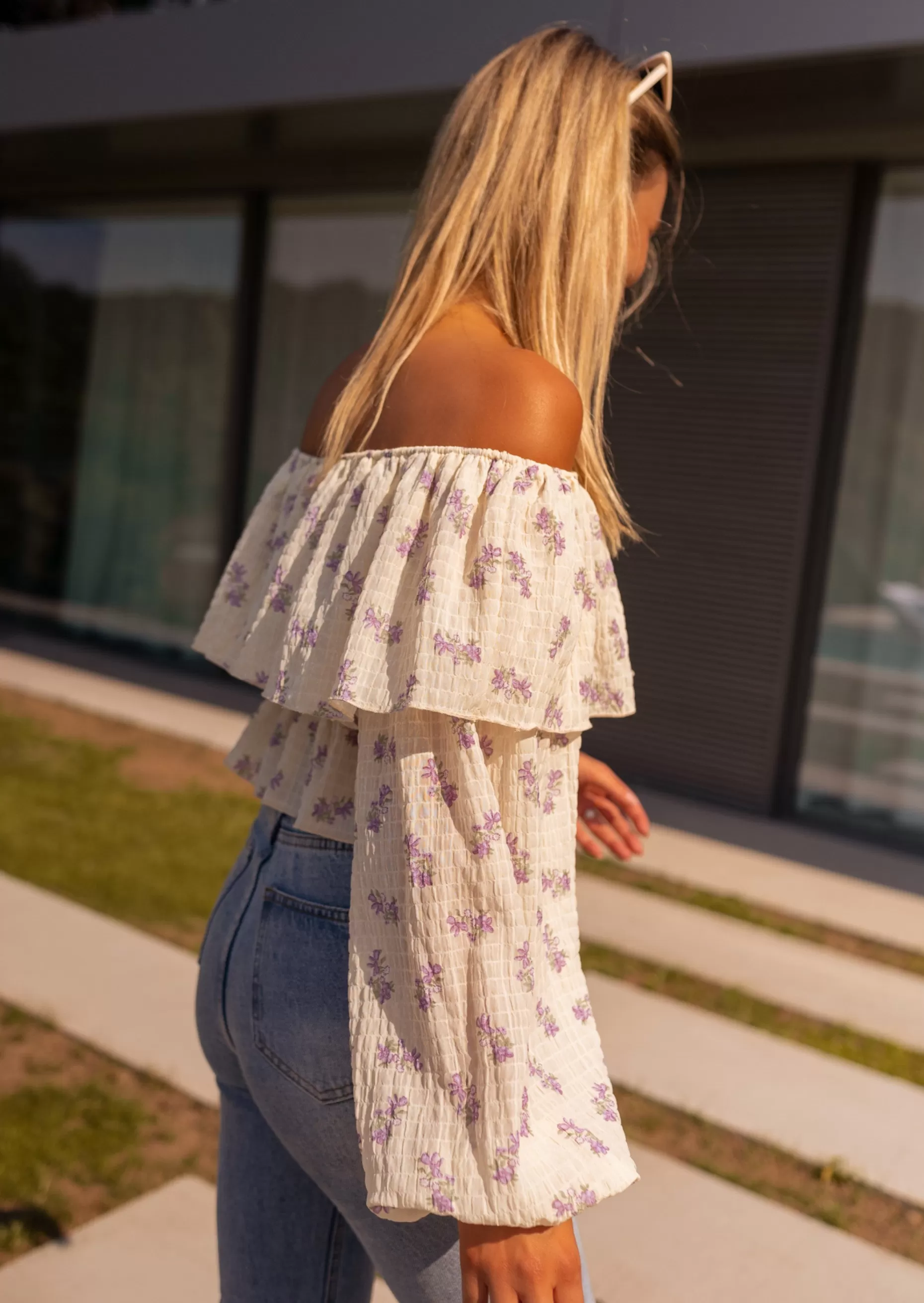 Fashion Blouse Paola beige et mauve à fleurs | Blouse col bardot | Prêt-à-porter en ligne | Easy Clothes Femme Chemisiers & Blouses