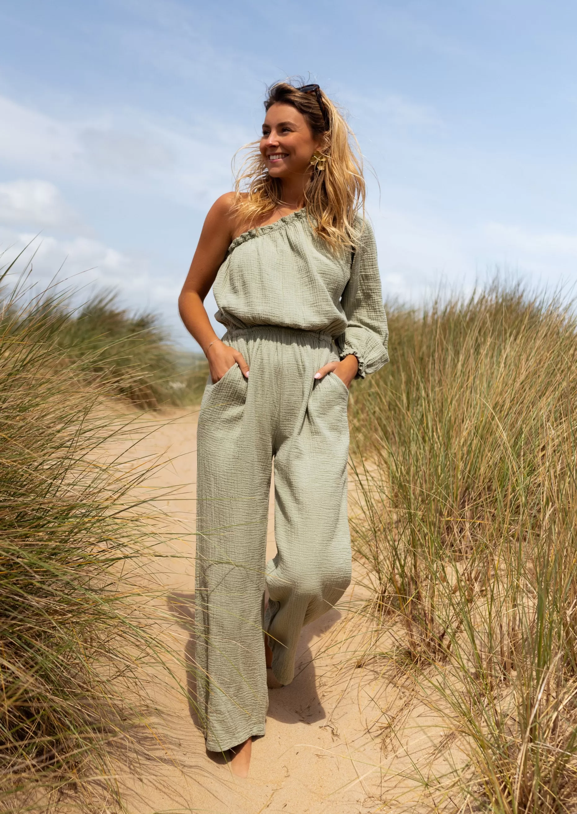 Sale Combinaison Amadéo kaki en gaze de coton | Combinaison uni manche | Prêt-à-porter en ligne | Easy Clothes Femme Combinaisons