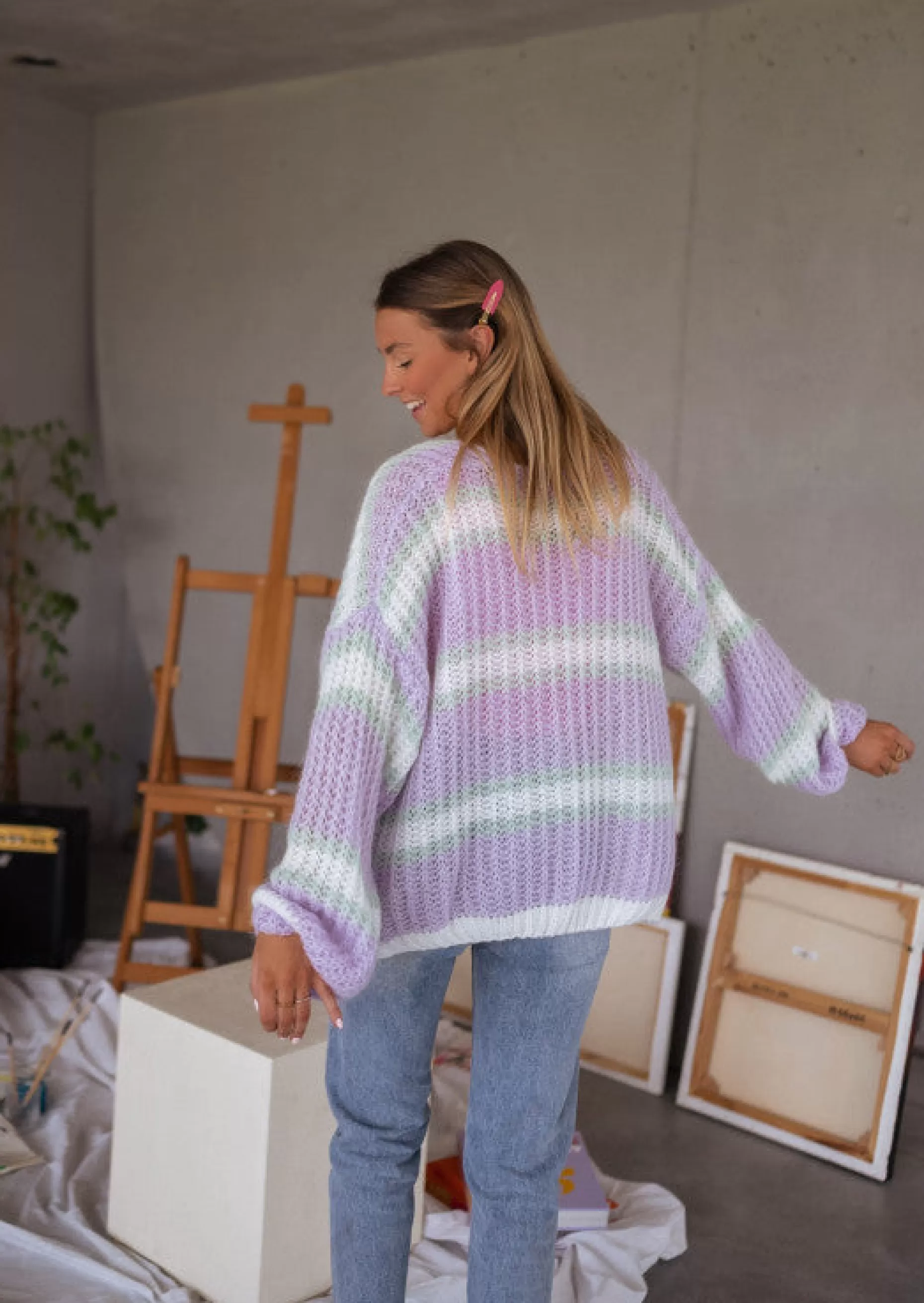 Best Sale Gilet Janet mauve, écru et vert |  Gilet Bernadette ligné | Prêt-à-porter en ligne | Easy Clothes Femme Pulls & Gilets