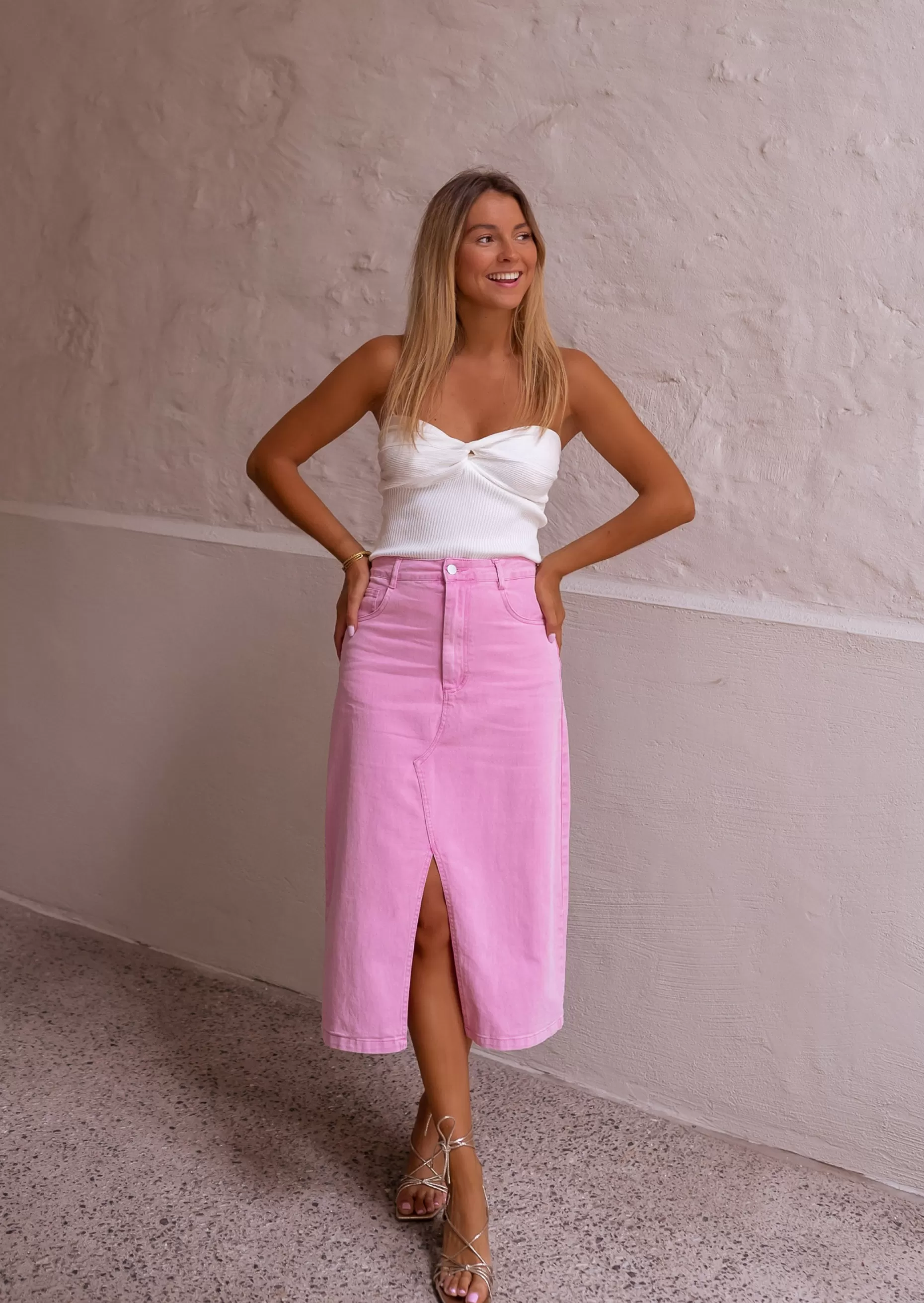 Clearance Jupe Perdita - En Jeans Rose - Mi Longue - Légèrement FendueEasy Clothes Femme Jupes & Shorts