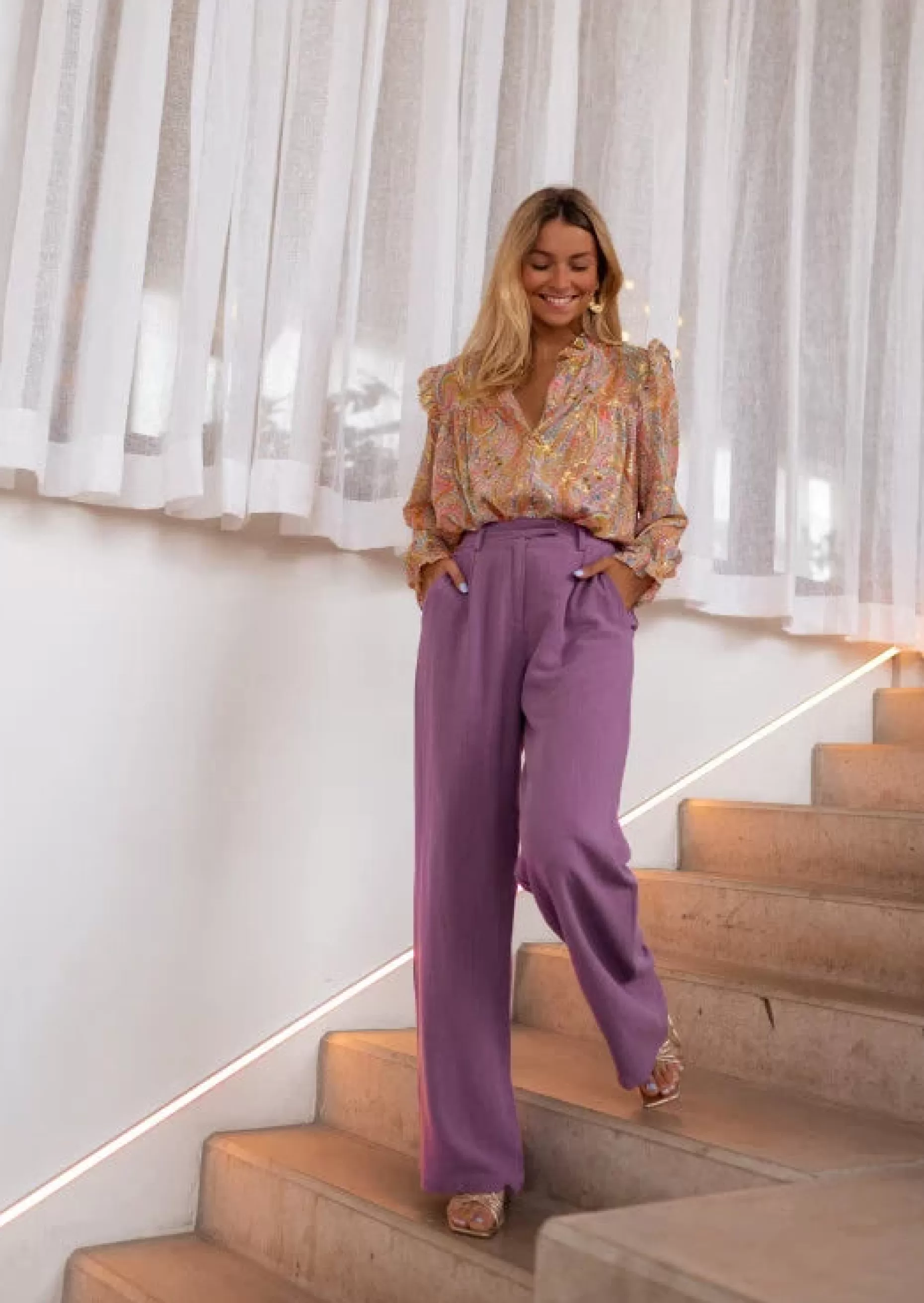Online Pantalon Joey mauve en lin | Pantalon large en lin | Prêt-à-porter en ligne | Easy Clothes Femme Pantalons