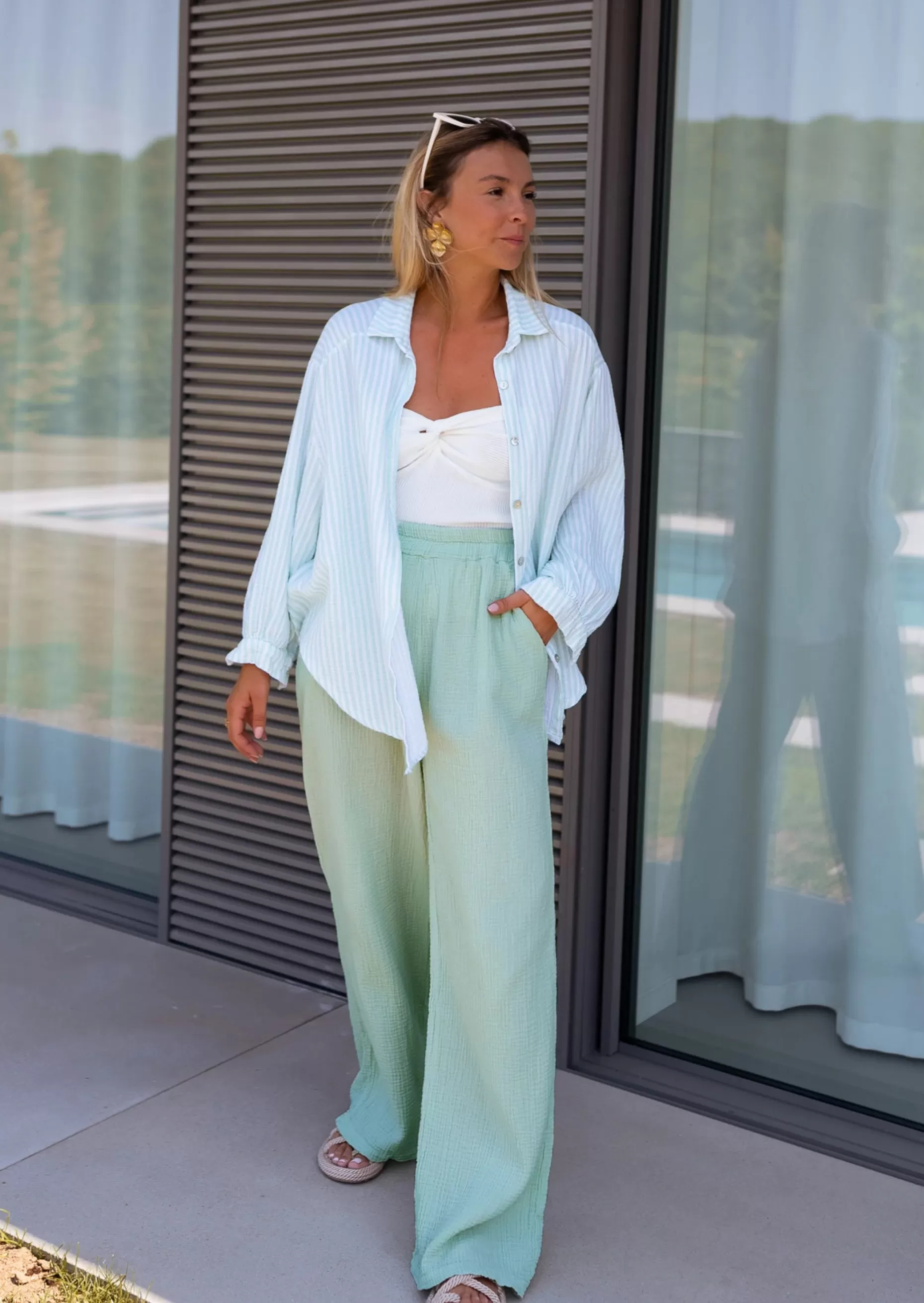 Discount Pantalon Shiva vert d’eau en gaze de coton | Pantalon ample de coton | Prêt-à-porter en ligne | Easy Clothes Femme Pantalons