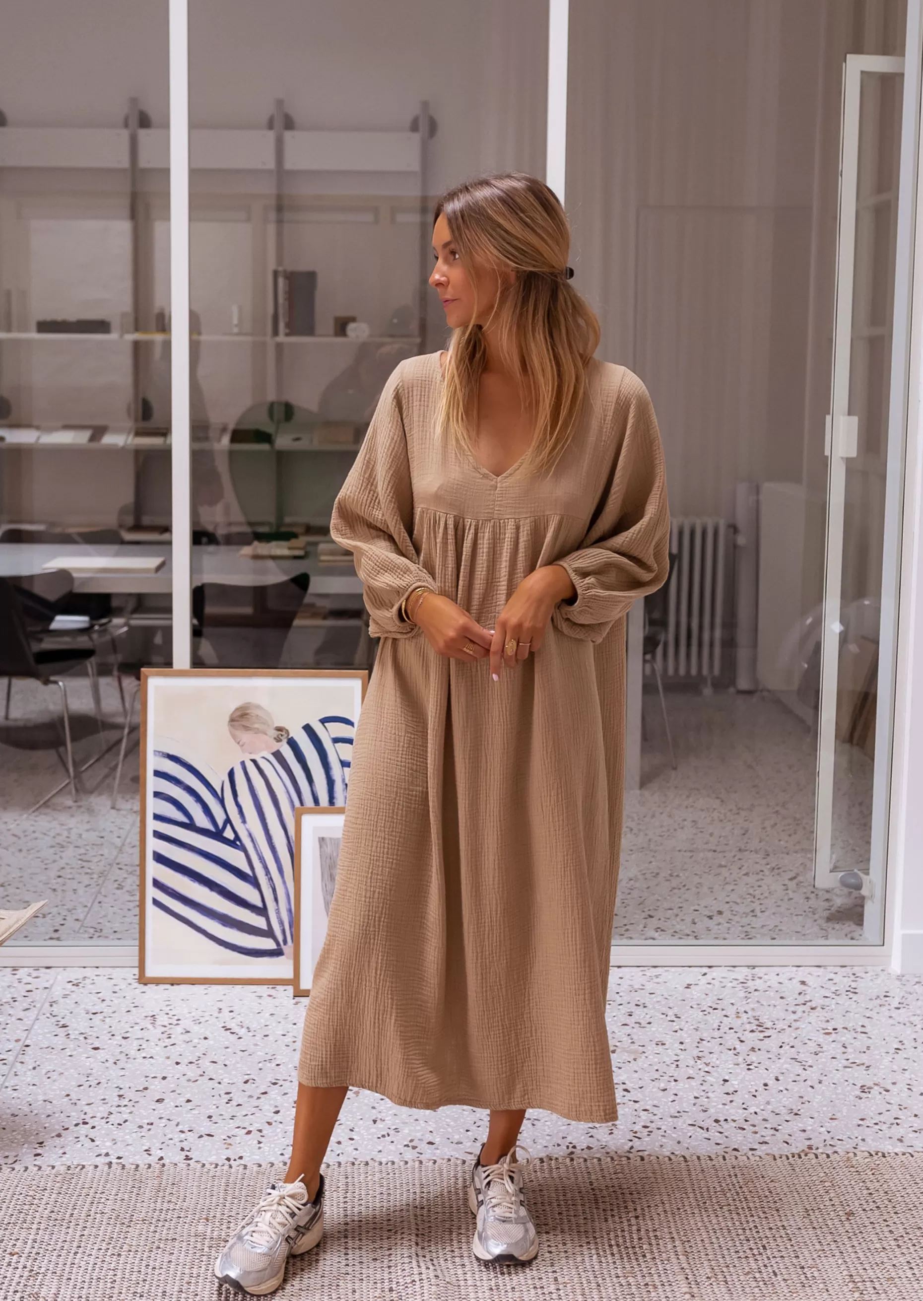 Flash Sale Robe Nolan - Couleur Camel - Gaze De Coton - AmpleEasy Clothes Femme Robes